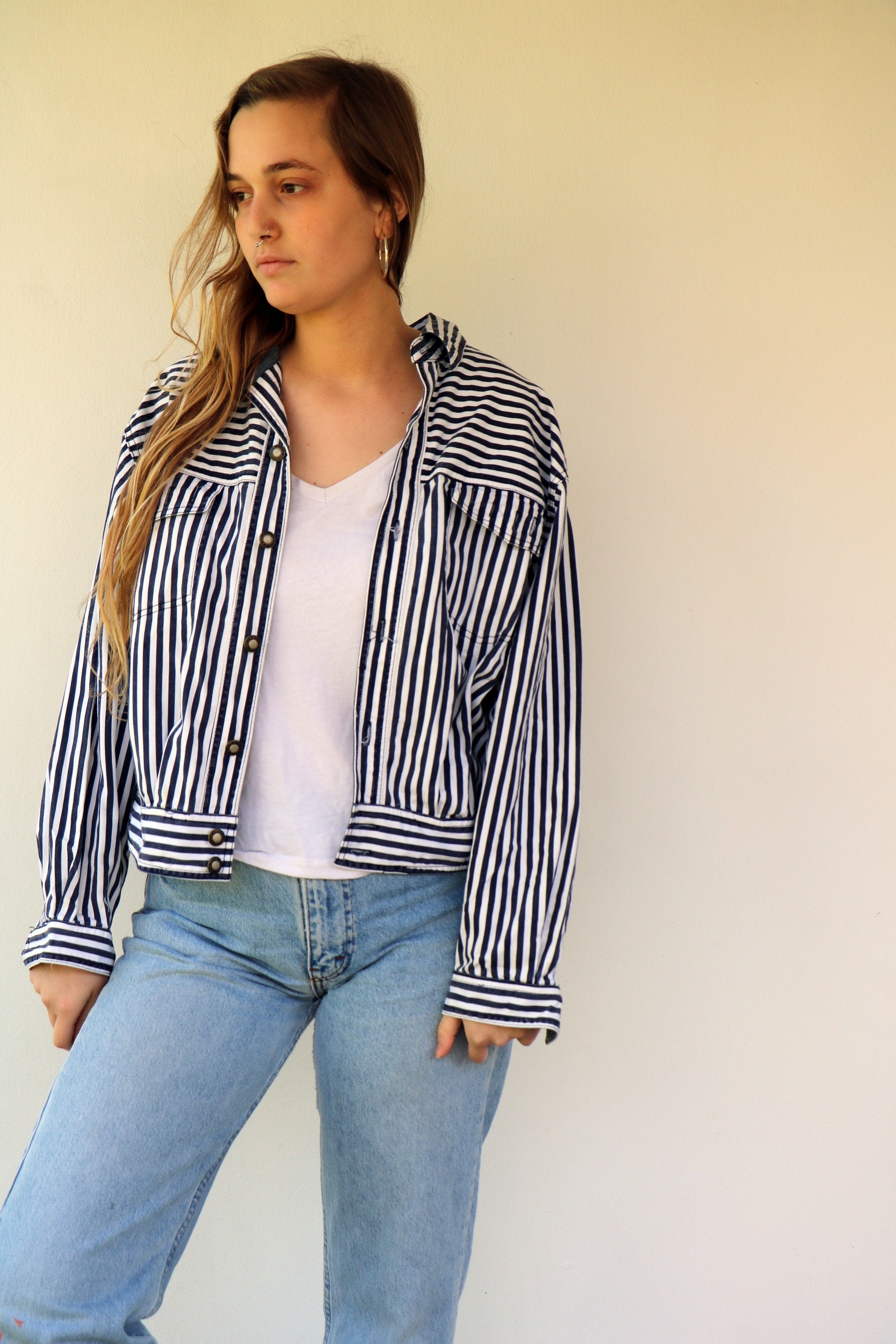 Striped Denim Jacket, Vintage 80s 90s Denim Jean Jacket Boho 