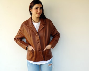 Brown Leather Jacket, Vintage 60s Boho hippe Faded Collared  women’s  leather hippy jacket  1970s // S/M