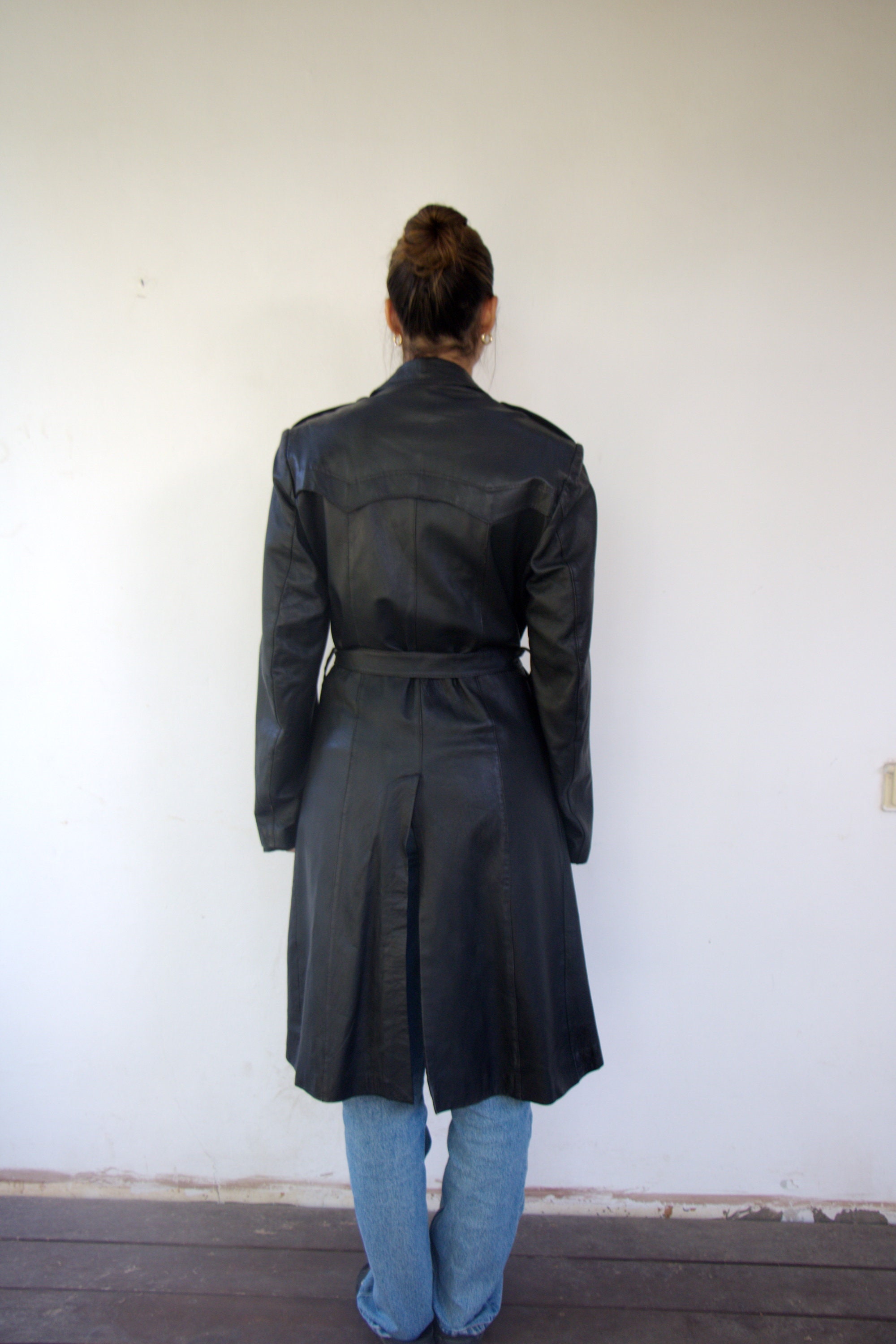 Vintage 70s Black Leather Trench Coat – Long Belted Mod Spy