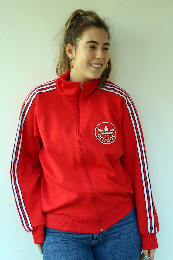 Vintage 80s 90s Adidas Red Track Jacket, Three Stripe Trefoil Zip
