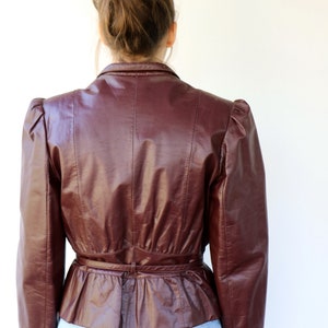 Wilson's leather jacket, Vintage 70s Cropped Oxblood Maroon Boho Hippie High Waist Belted Puffed Sleeves Motorcycle Biker Rocker 80s // M image 6