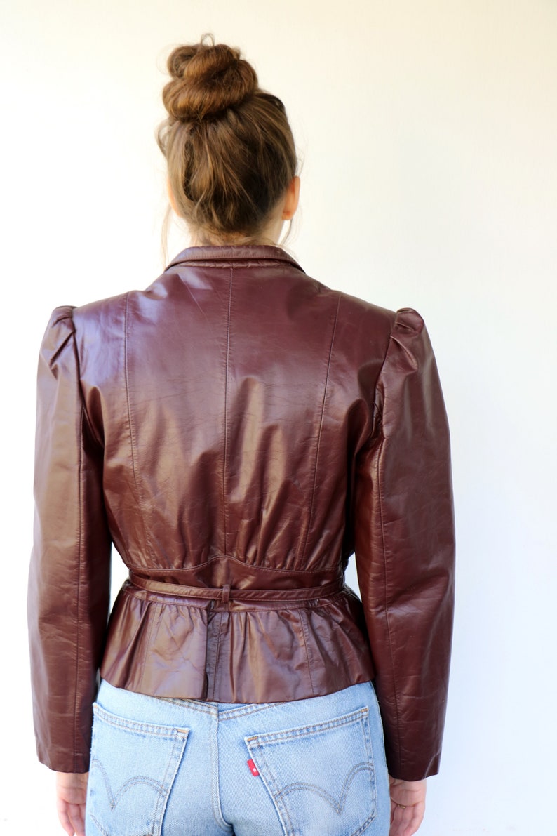 Wilson's leather jacket, Vintage 70s Cropped Oxblood Maroon Boho Hippie High Waist Belted Puffed Sleeves Motorcycle Biker Rocker 80s // M image 6