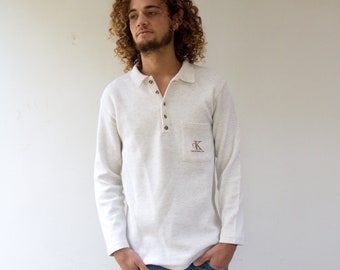 c.K Polo Shirt , Vintage 90s 1990s Boho Hippie Calvin Klein Sport Long Sleve Henley Ribbed Cotton Melange Of White Men’s Shirt // S/M