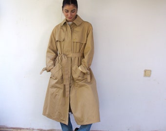 Misty Harbor Trench Coat, Vintage 80s 1980s Minimalist Classic Trench Raincoat Tan Brown Belted Boho Hippy 90s 1990s  // M /L