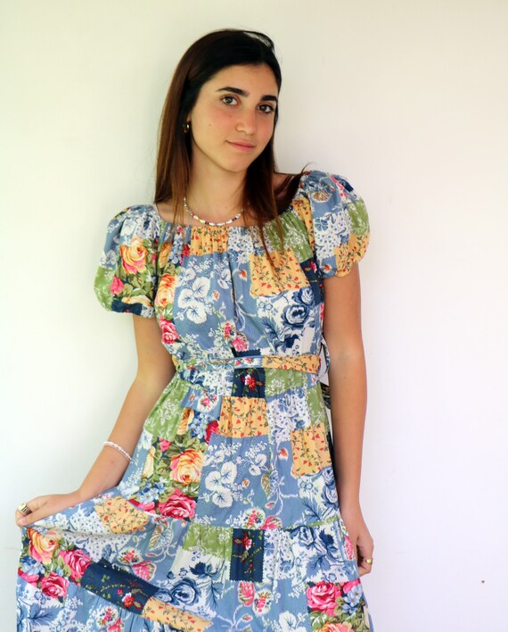 Vintage 80s Off Shoulder Patchwork Dress, Boho Fl… - image 3