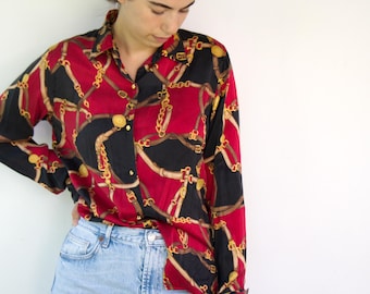 Vintage 90s Ralph Lauren Silk Blouse Equestrian Chain Print Red Black Gold Shirt // M