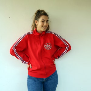 Vintage 80s/90s Adidas Red Track Jacket – Retro Zip-Up Three Stripe Sportswear, Boho Streetwear Warm-Up Jacket // M/L