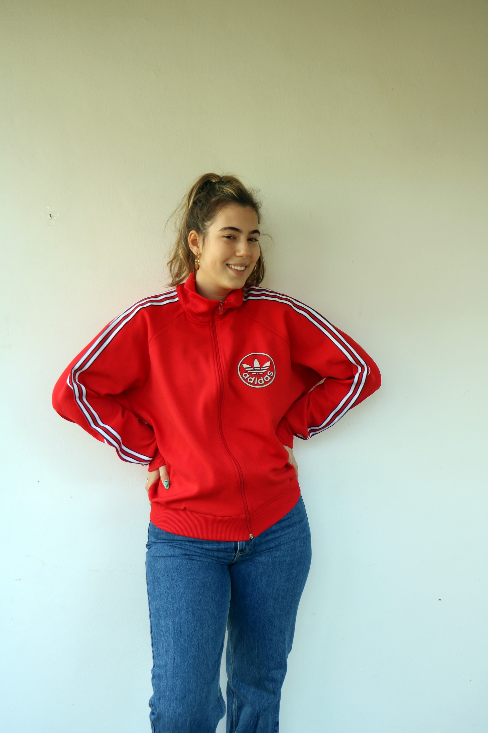 Vintage 80s 90s Adidas Red Track Jacket, Three Stripe Trefoil Zip