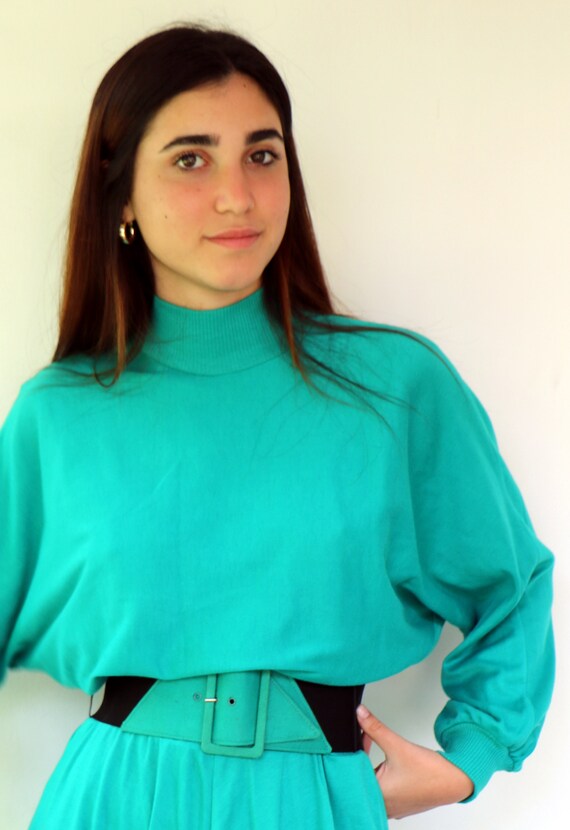 80s Hearts Green Mockneck  Dress , Vintage 1980s … - image 4