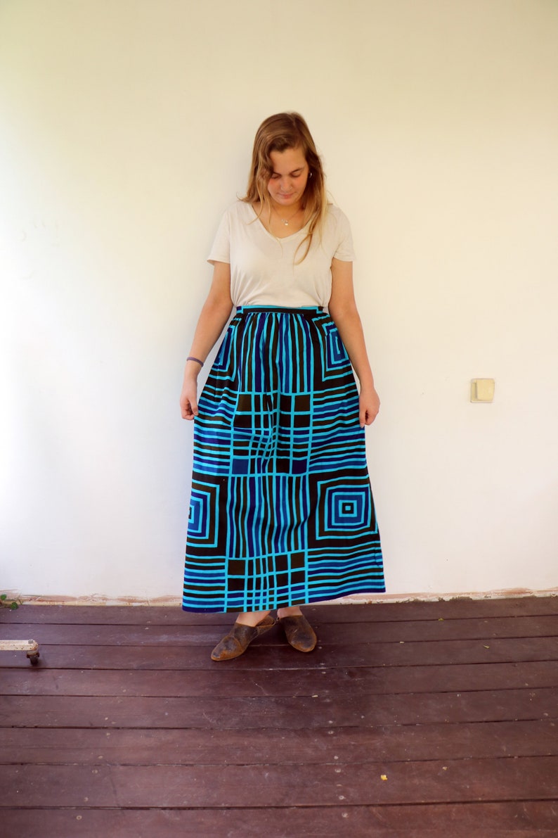 Geometric Skirt, Vintage 70s Boho Hippie Maxi High Waist A Line Striped Squared Blue Brown Cotton Hippy Dress 1970s// S image 1