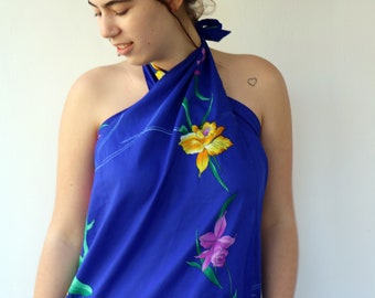 Hawaiian Halter Dress, Vintage 70s Boho Hippie Blue Wrap Tropical Beach Cover Up Floral Iris Sun Summer Resort Line Dress Top // O.S