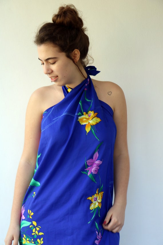 Hawaiian Halter Dress, Vintage 70s Boho Hippie Blu