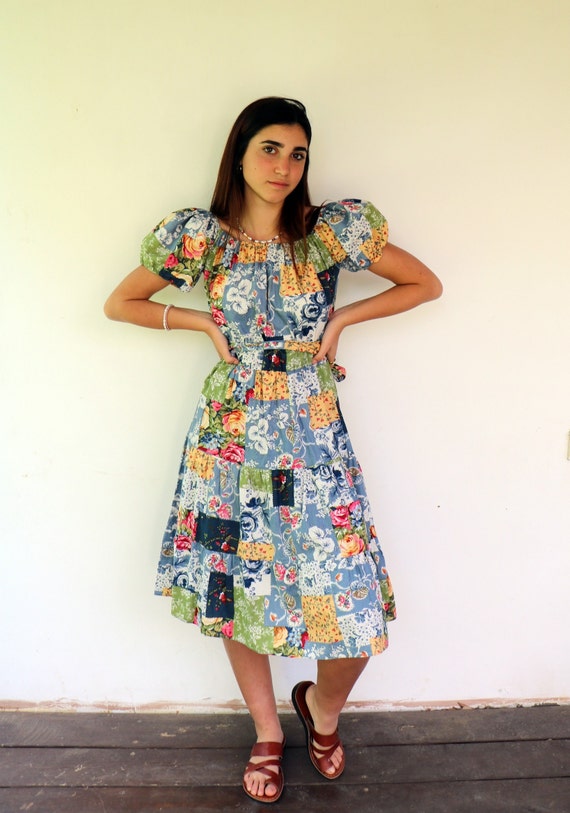Vintage 80s Off Shoulder Patchwork Dress, Boho Fl… - image 4