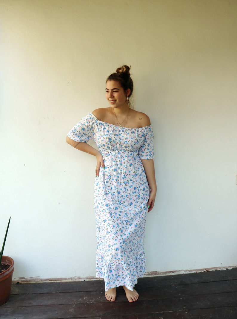 Cottagecore Prairie Dress, Vintage 70s 1970s Boho Hippy Off The Shoulder Floral White Blue Pink Maxi Empire Waist Dress Hippie Cotton // M/L image 4