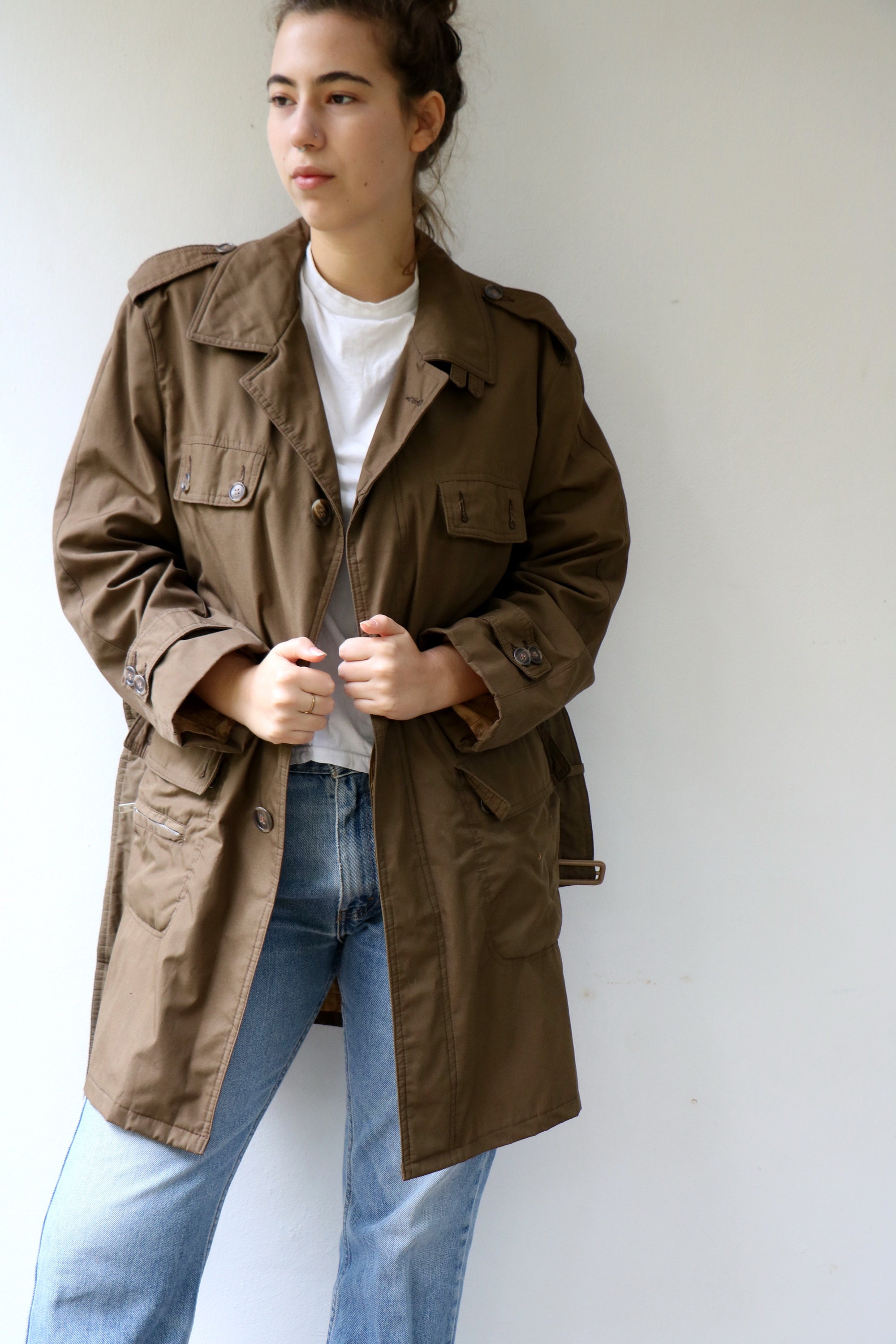 Nino Flex Trench Coat, Vintage 70s 80s Boho Hippie Brown Khaki