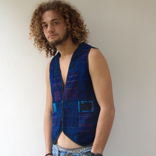 Tie Dye Patchwork Vest, Vintage 80s Boho Hippie Ikat Embroidered Purple Blue Waistcoat Hippy // M