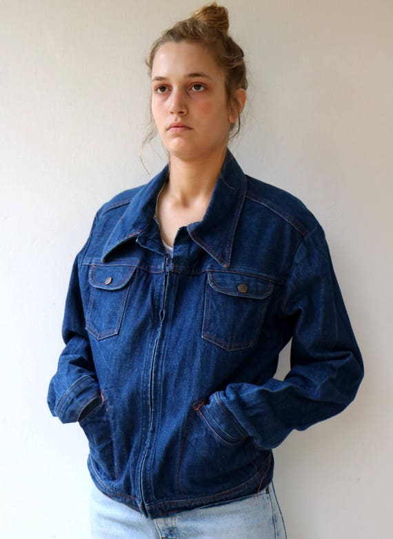 Vintage 70s Denim Jacket, Western Boho Zip Up Blue Jean Coat with Orange Stitching // S M