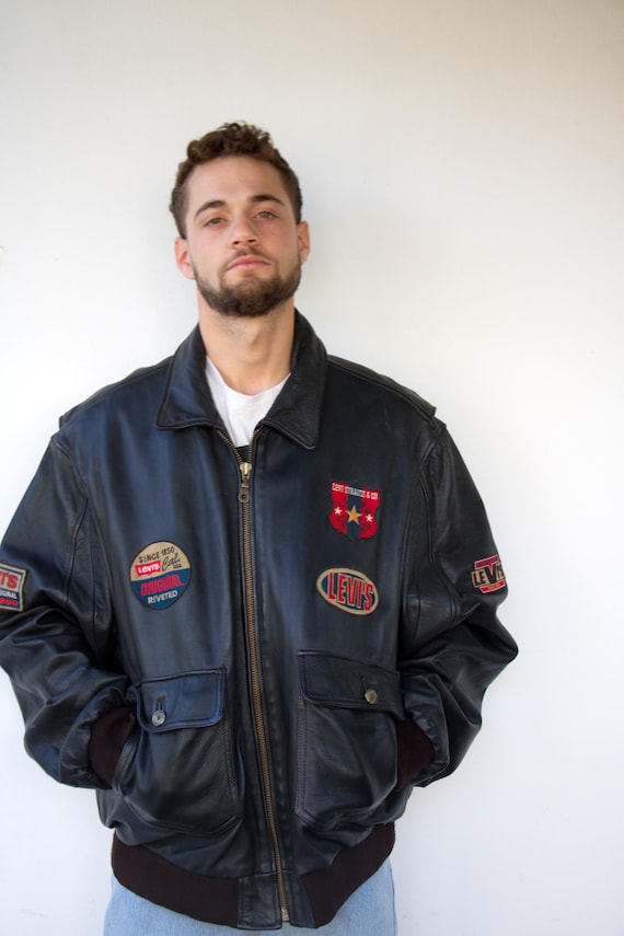 Vintage 90s Levi's Leather Bomber Jacket, Black Brown Oversized