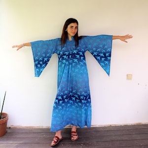 Vintage 70s Gottex Caftan Maxi Dress, Blue Ombre Bird Print Angel Sleeve Boho Hostess Gown Kaftan // One Size