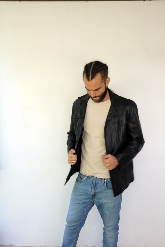 Vintage Men's Leather Jacket 70s Boho Hippy Hipster Black Western Country Hippie Soft Leather Blazer Men's Jacket Coat 1970s // M/L