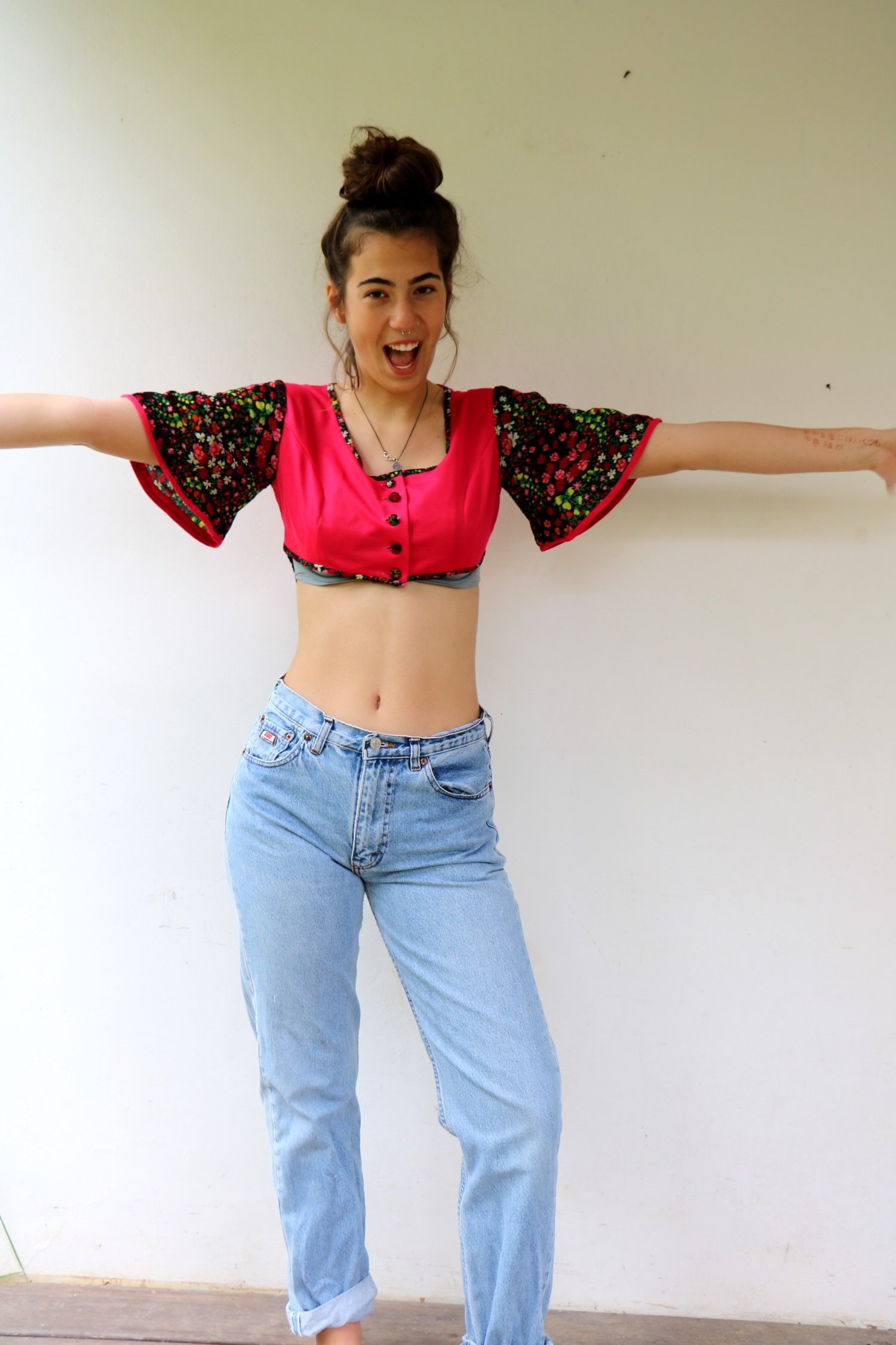 Vintage Crop Blouse, 70s Boho Hippy Pink Floral Bell Sleeves