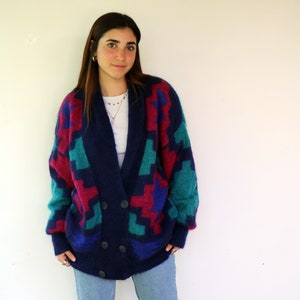 Vintage 90s Mohair Cardigan – Geometric Oversized Shaggy Knit Jacket, Double Breasted Boho Hippie Sweater C&A // O.S