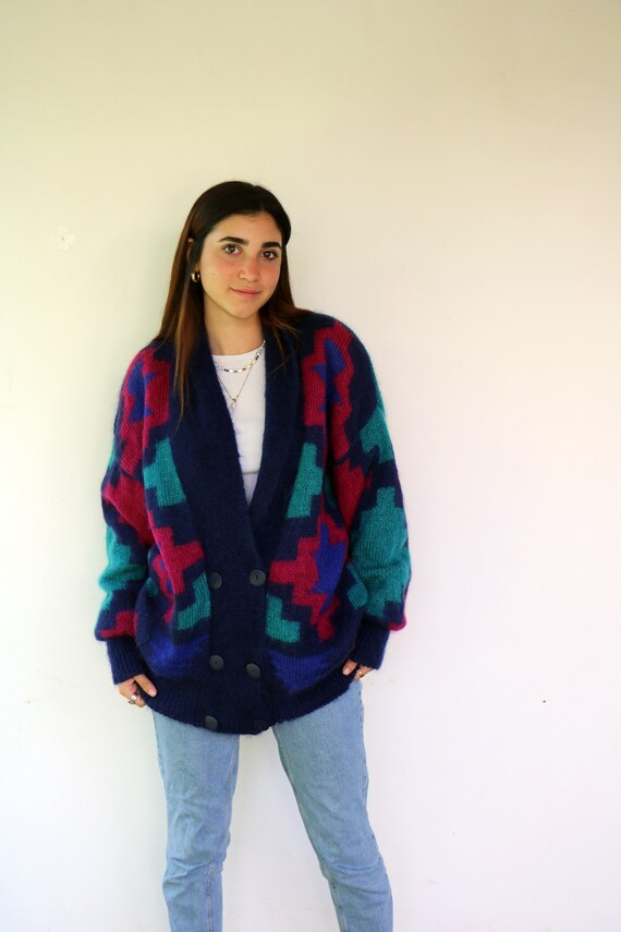 Geometric Abstract Mohair Cardigan, Vintage 90s Chunky Shaggy Knit Jacket Double Breast Boho Hippie Oversize Blue Pink Dress Hippy 80s //O.S - Etsy Geometric Abstract Mohair Cardigan, Vintage 90s Chunky Shaggy Knit Jacket Double Breast Boho Hippie Oversize Blue Pink Dress Hippy 80s //O.S - Etsy