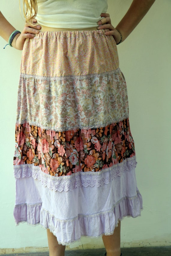 Ruffle Floral Skirt , Vintage 70s Boho Hippy Hipp… - image 3