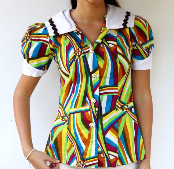 Sailor Multicolor Geometric Blouse, Vintage 60s 7… - image 3