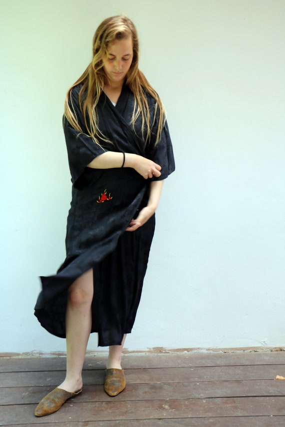 Embroidered Dragon Kimono, Vintage 70s Duster Dress Coat Boho 