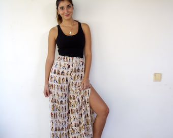 Native Americans Wrap Pants , Vintage 80s High Waist Wide Leg Palazzo Tie Pants Boho Hippy Novelty Print Western Country Hippie 90s // S/M