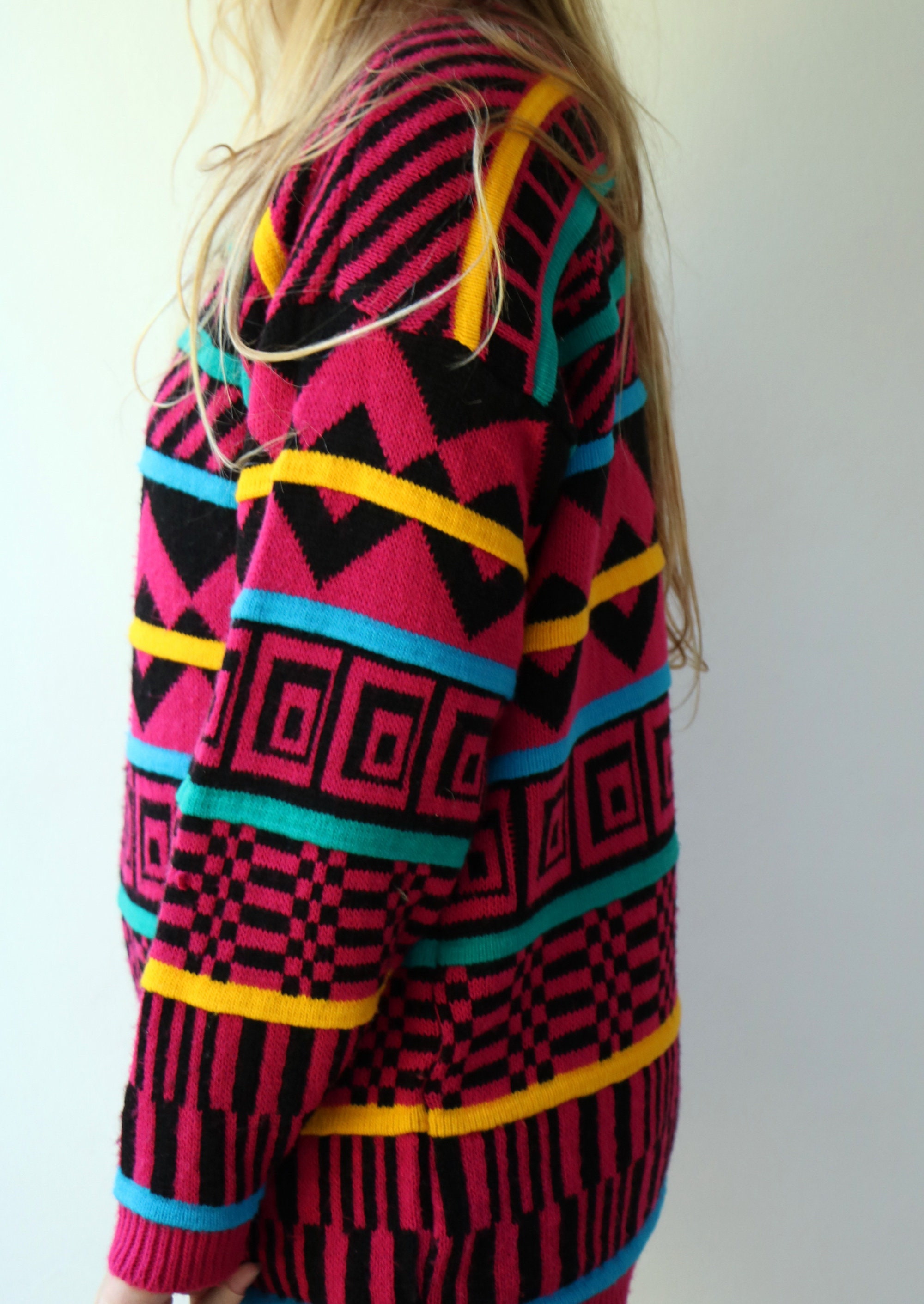 Geometric Sweater Vintage 80s 90s Knit Boho Hippie Pink - Etsy