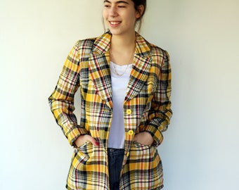 First Class Plaid Blazer, Vintage 60s Mod Jacket Boho Hippie Yellow Red Black Sport Hipster Dress Blouse // M