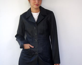 Vintage 90s Black Leather Blazer, Fitted Jacket Classic Minimal Button Front  S