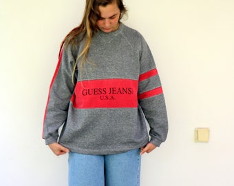 GUESS JEANS U.S.A Sweatshirt, Vintage 90s Boho Hippie Shirt Pullover Cotton Gray Red tee blouse top Sweater Sportswear 80s // M/L