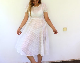 Vintage 70s White Lace Midi Dress, Puff Sleeve Sheer Prairie Bridal // M