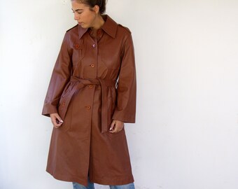 Leather Trench Coat, Vintage 70s Brown Women's Belted Duster Jacket Trench High Waist Midi Boho Hippy Classic 1970s  // L