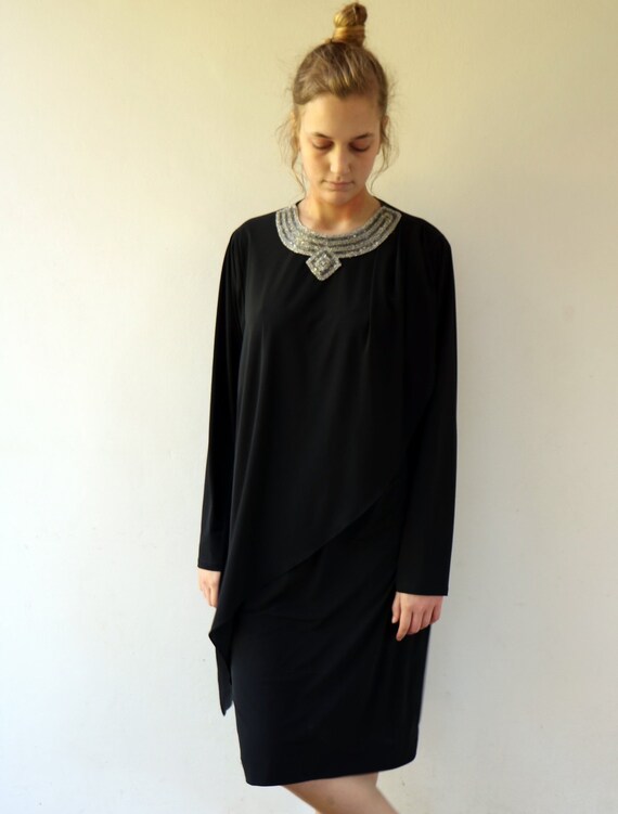 60s Black Dress, Beaded Embroidered Midi Evening P