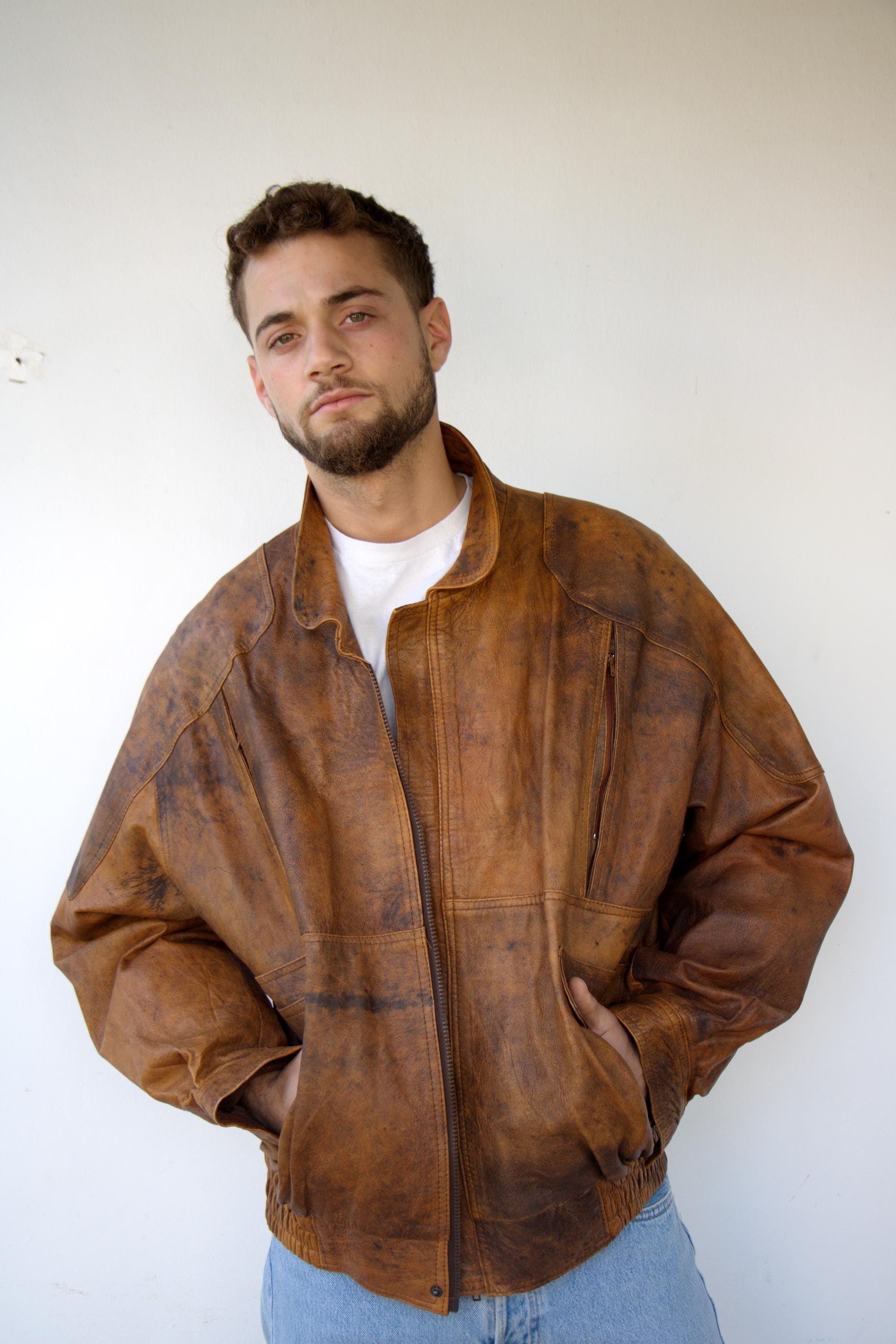 Vintage 90s Brown Distressed Leather Bomber Jacket – Mottled
