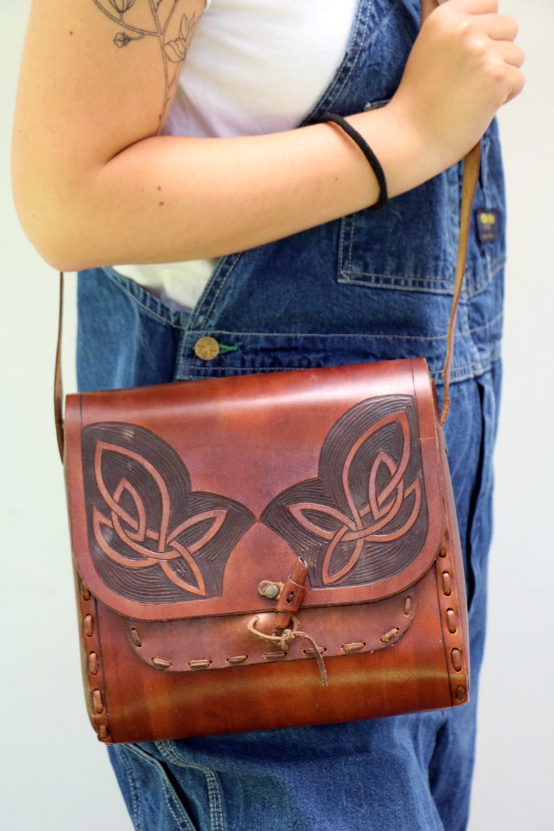 Tooled Leather Bag , Vintage 70s Handmade Brown Boho Hippie Celtic Handbag Shoulder Messenger Hippy 1970s image 6