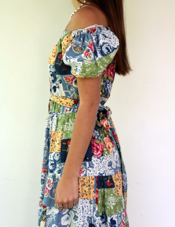 Vintage 80s Off Shoulder Patchwork Dress, Boho Fl… - image 9