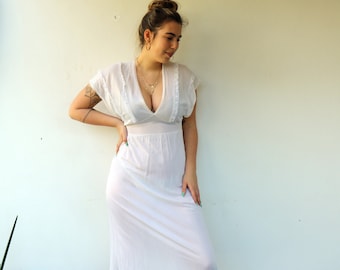 Sheer White Ivory Lace Nightgown Dress, Vintage 70s Boho Hippie Romantic Bridal High Waist Chemise Nightdress Hippy Summer 80s // M