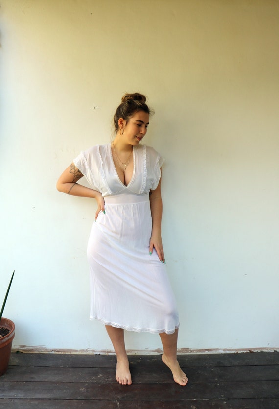 Sheer White Ivory Lace Nightgown Dress, Vintage 7… - image 1