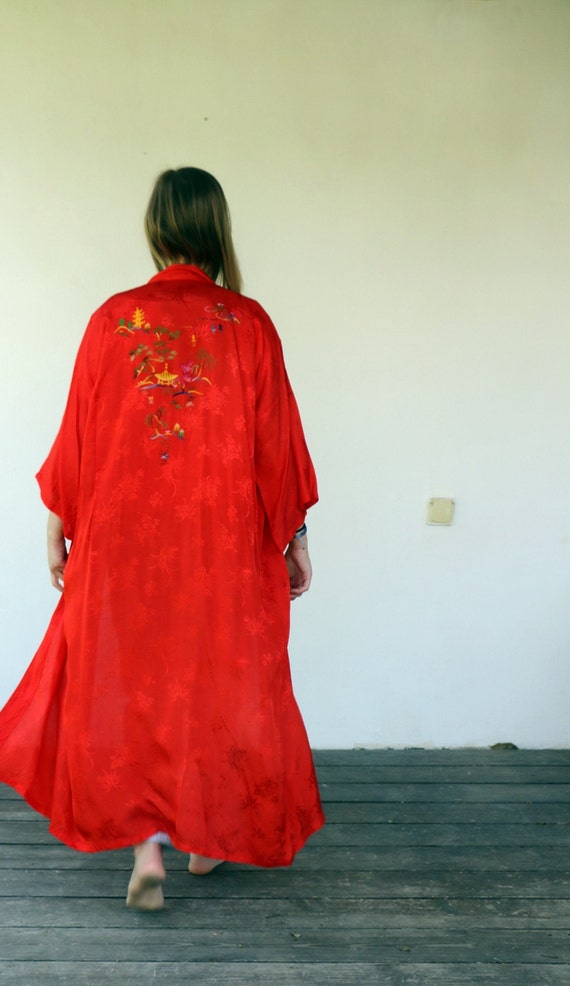 Golden Dragon Kimono, Vintage 80s Red Hand Embroid
