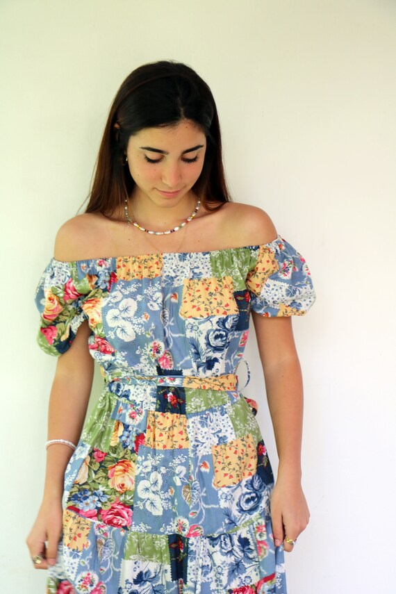 Vintage 80s Off Shoulder Patchwork Dress, Boho Fl… - image 7