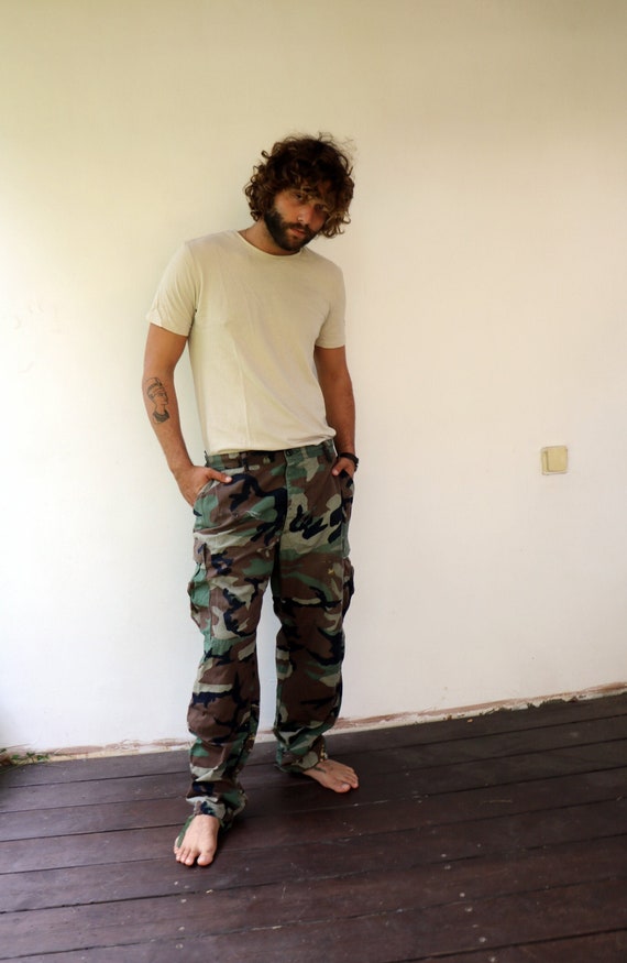 Camouflage Trousers, Vintage Distressed Military Army Combat Pants Boho  Hippie Hipster Cargo Camo Pants Unisex // L /XL 