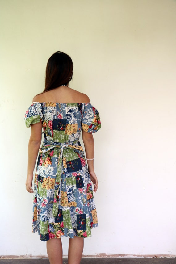 Vintage 80s Off Shoulder Patchwork Dress, Boho Fl… - image 10