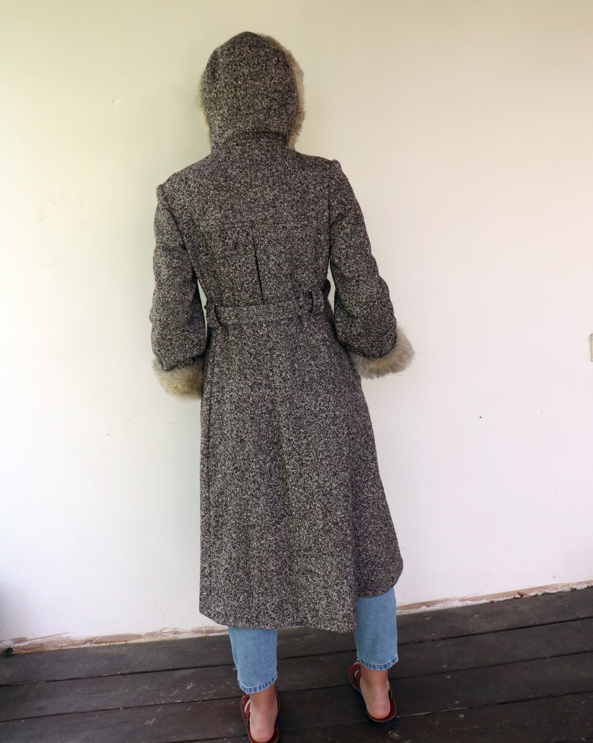 Vintage 60s Hooded Tweed Wool Coat – Faux Fur Belted Boho