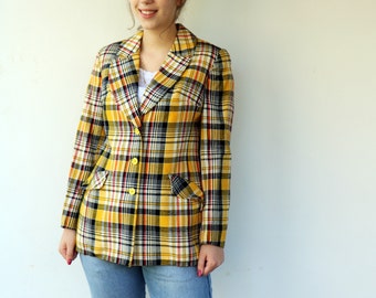 Vintage 60s Yellow Plaid Blazer, Mod Check Tailored Preppy Jacket Rayon // M