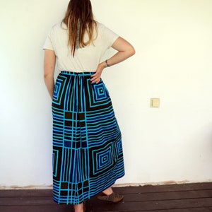 Geometric Skirt, Vintage 70s Boho Hippie Maxi High Waist A Line Striped Squared Blue Brown Cotton Hippy Dress 1970s// S image 5